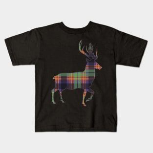 Purple, Green and Orange Tartan Scottish Stag Silhouette Kids T-Shirt